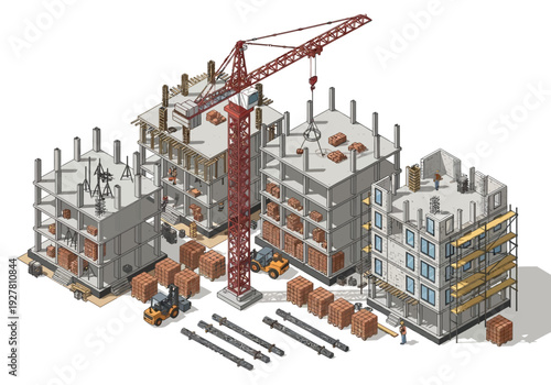 Isometric view of buildings under construction with cranes and equipment, representing urban development and industry