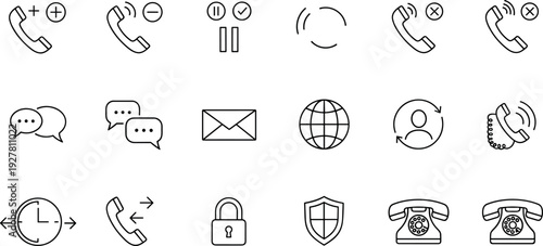 Communication and Call Control Icon Set Featuring Phone Support Messaging Security and Global Contact Symbols for Mobile Apps and Customer Service Interfaces