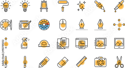 Creative Design Tools Icon Set Featuring Art Supplies, Light Bulb Ideas, Digital Equipment, and Graphic Design Elements for UI Projects