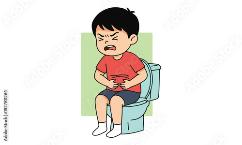Boy with Stomach Ache Sitting on Toilet