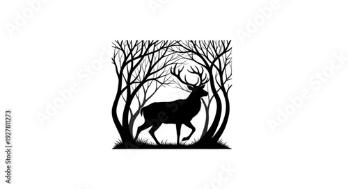 Deer Silhouette in Forest Trees.