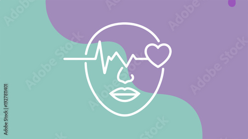 Heartbeat Line Art Woman Face with Heart Icon on Purple and Teal Background