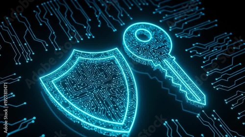 Glowing Digital Shield Key Over Circuit Board Background Data Protection Online Security For Presentations On Cybersecurity Data Encryption
