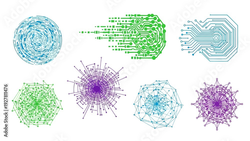 Futuristic Digital Circuit Board Concepts Featuring Various Circuit Patterns and Data Visualizations