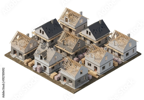 Residential construction in progress multiple houses under development with visible framing and brickwork