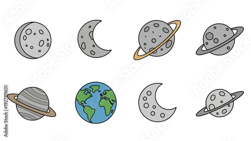 Illustration of various celestial bodies including moons planets and earth representing astronomy