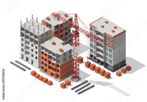 Isometric construction of modern residential buildings and infrastructure projects with cranes and building materials