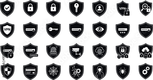 Cybersecurity Shield Icon Set Featuring Data Protection, Privacy, VPN, Password Security, Firewall, and Network Safety Symbols for Web, App, and IT Design