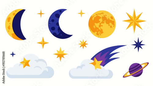 Illustration of various celestial objects including moons, stars, planets, and clouds in a