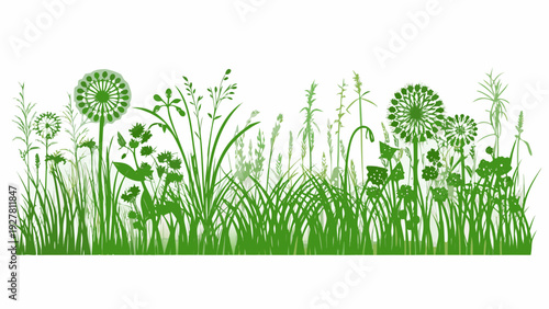 A vibrant green illustration of wildflowers and grasses against white
