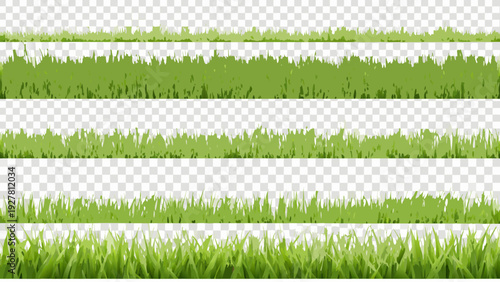 Four rows of vibrant green grass with transparent background