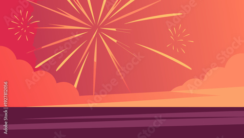 A vibrant illustration of fireworks exploding over a dark landscape