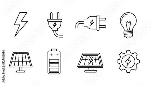 Minimalist Line Art Illustration of Renewable Energy Sources and Power Components for Sustainable
