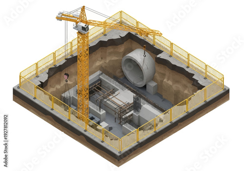 Construction of a large concrete pipe and foundation elements below ground level with a tower crane
