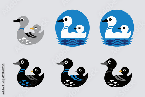 Stylized duck illustrations in varying colors and designs arranged in a grid