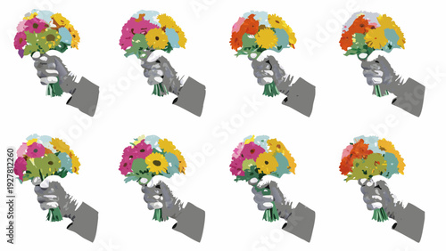 Six colorful bouquets of flowers held in robotic or mechanical hands