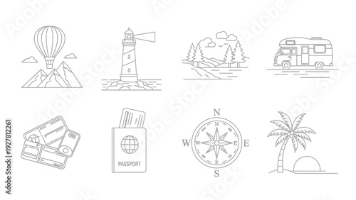 Minimalist Line Art Travel Icons Featuring Hot Air Balloon Lighthouse Nature and Travel Essentials