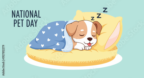 Sleeping puppy dog on yellow bed with blue blanket and pillow national pet day