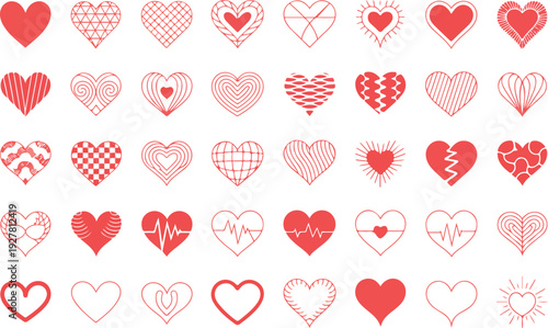 Set of 40 red heart icons featuring decorative patterns, broken hearts, and heartbeat rhythms for health and romance design.