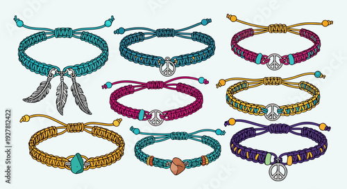 Colorful woven cord bracelets with charms and beads on white background bohemian fashion jewelry set