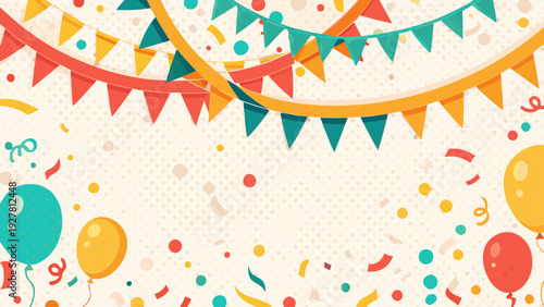 Colorful festive background with balloons confetti and triangular flags