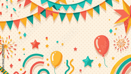 Festive background with colorful flags balloons and celebratory starbursts