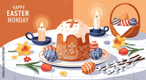 Easter monday celebration with cake eggs and flowers on a table with candles