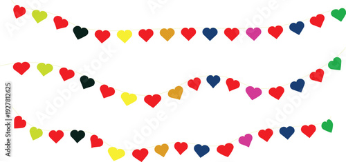 Strands of colorful heart garlands on a transparent background. Three festive Valentine's Day heart shaped garlands in different shades of color
