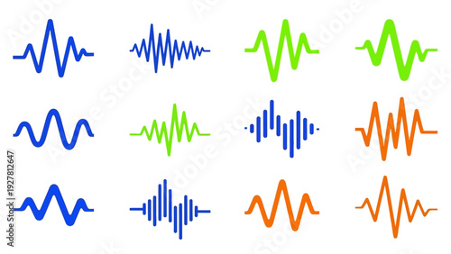 Multiple colorful sound wave patterns representing audio signals or sound frequencies in a digital