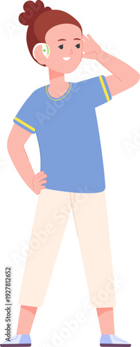 Deaf girl with hearing aid. Medical implant concept