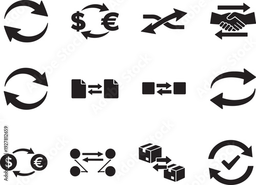 Exchange icon set, clean vector symbols for finance, trading, currency, and business applications.