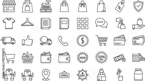 E-Commerce and Online Shopping Outline Icon Set Featuring Store, Cart, Payment, Delivery, Discounts, Customer Support, and Retail Service Symbols for Web and App Design