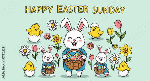 Easter bunny and chicks with flowers happy easter sunday cartoon illustration with colorful springtime scene