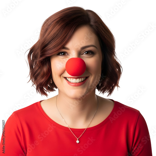 Woman wearing red clown nose and red shirt isolated on transparent background smiling