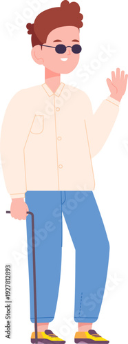 Blind boy cartoon character. Happy disabled kid