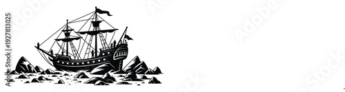 Two ships wrecked on rocky shore with distinctive silhouette, high quality professional detailed maritime disaster illustration, dramatic seascape composition, powerful ocean waves and rugged cliffs