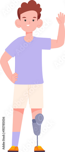 Happy kid with prosthetic arm. Cyber hand character