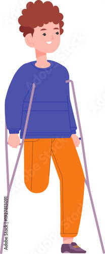 Boy with amputated leg walk on crutches cartoon character