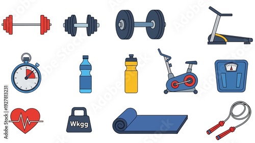 Set of fitness equipment including weights, treadmill, water bottles and timer for health workout