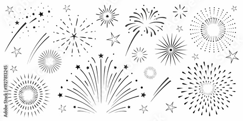 Black and white illustration of various firework shapes and sparkling stars