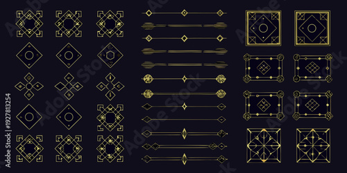 Art deco golden geometric elements and ornamental dividers on black background