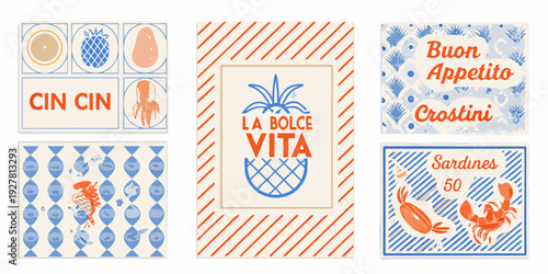 A collection of colorful patterned labels featuring food and italian phrases