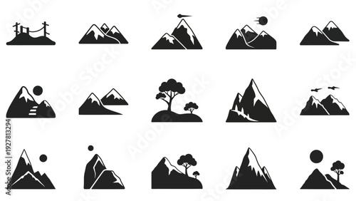 Set of minimalist black and white mountain landscape icons with trees and sun illustrations
