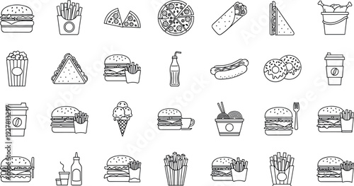 Fast Food and Snack Icon Set Featuring Burgers Fries Pizza Desserts and Takeaway Meals for Restaurant Apps Menus and Food Delivery Design