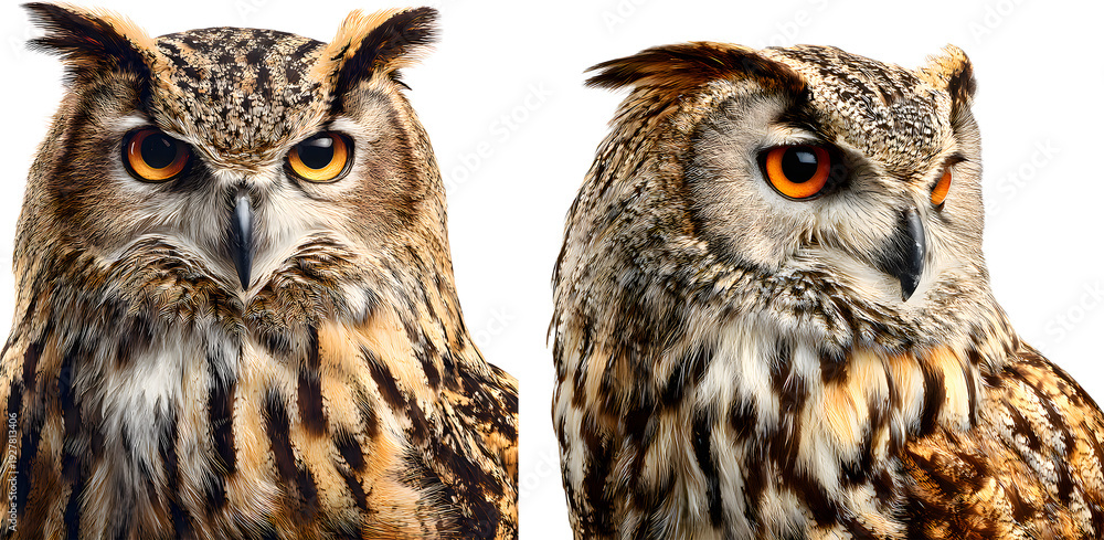 Obraz premium Great horned owl perched on a branch with sharp eyes and detailed feathers
