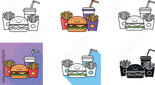 Fast Food Meal Icon Set with Burger, Fries, and Soft Drink in Line, Flat, Color, and Monochrome Styles for Restaurant and Delivery Design