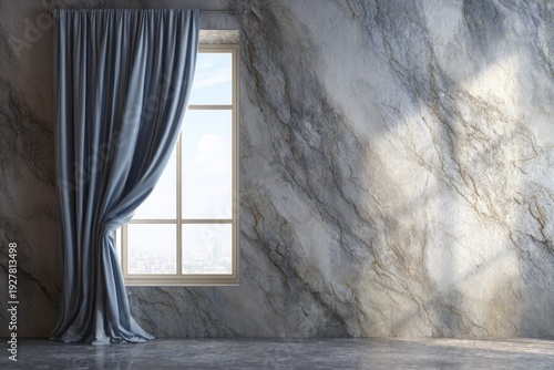 Elegant blue curtain drapes across a window with a marble wall.