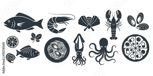 Seafood icons illustration, monochrome design, fish shrimp, squid octopus, lobster clams, mussels lemon, basil pasta, seafood pizza, culinary motif, flat vector artwork