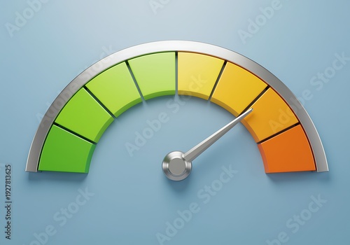 A semicircular speedometer gauge with colored sections and a silver needle on a blue background  indicating progress or status