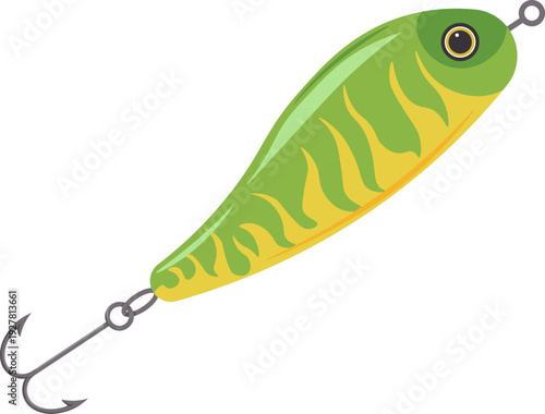 Fish shape lure. Green plastic bait icon